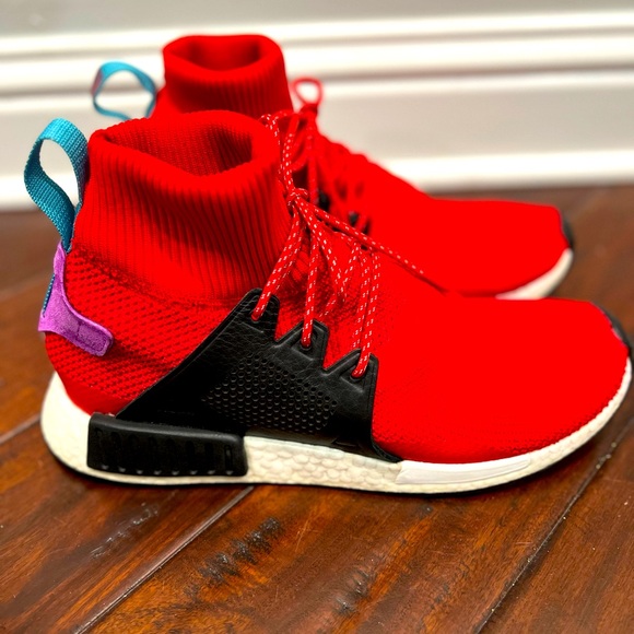 Red adidas with purple heel strap. - Picture 1 of 5